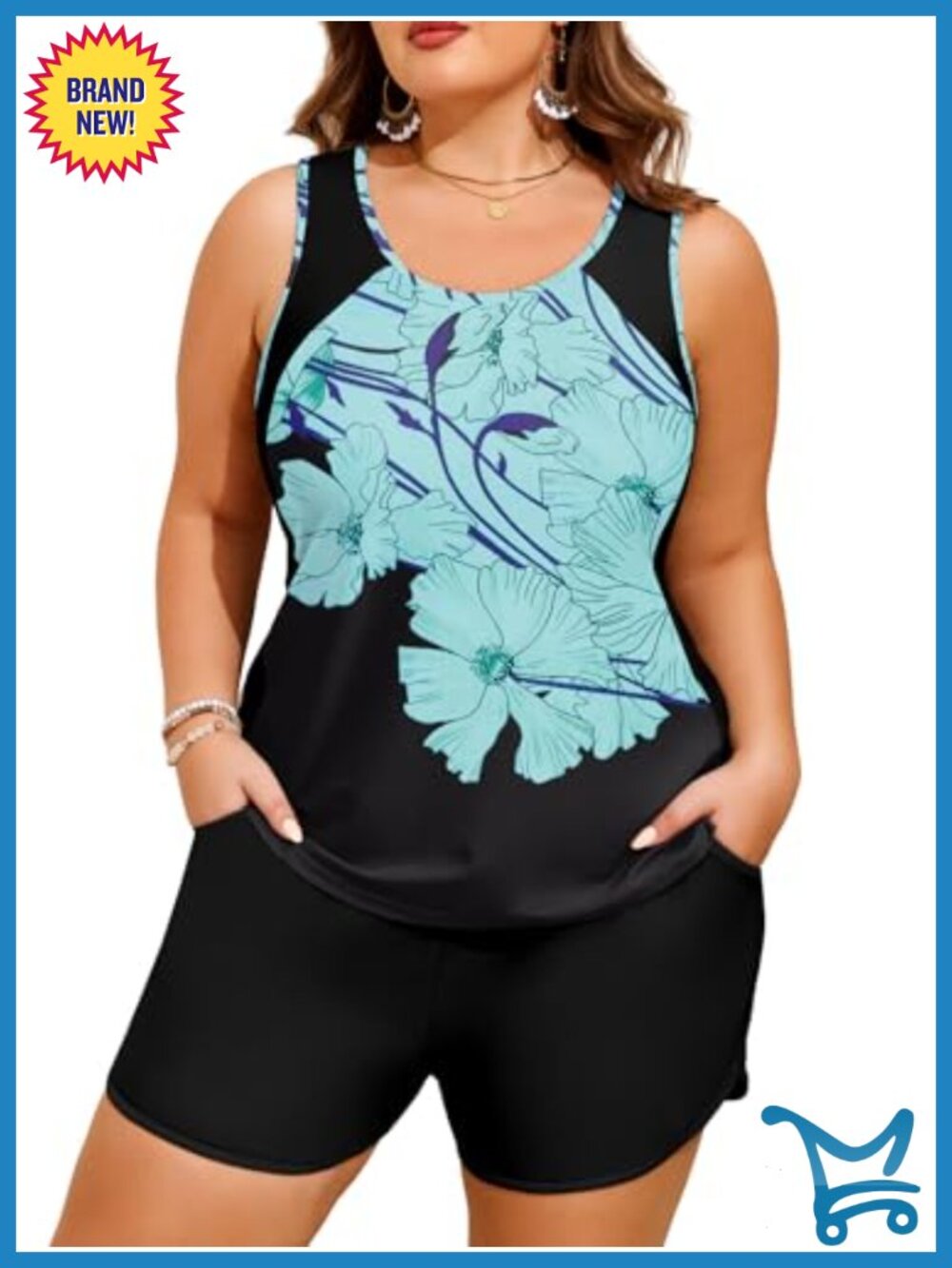 Plus Size Tankini Two Piece Swimsuit Tummy Control Full Coverage with Pockets